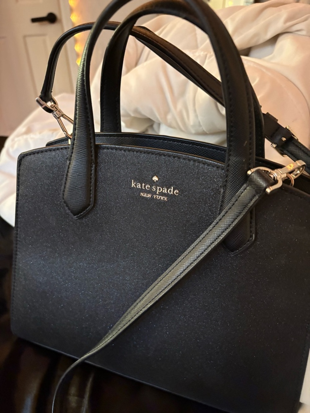 kate spade Black Glitter Dome Satchel with Gold Logo